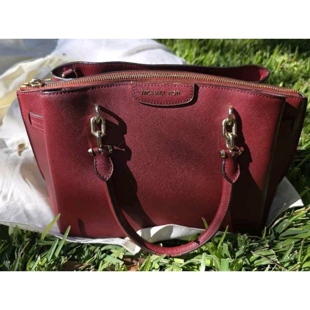 Michael Kors Saffiano Leather Satchel Burgundy Gold Hardware Triple Compartment